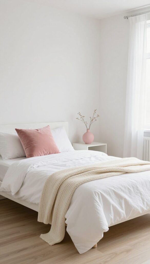Small bedroom with white bedding and a single blush pink accent pillow and throw blanket, neutral decor, soft natural light.