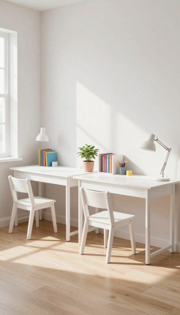 Twin desks with shared storage cubes in a bright kids bedroom