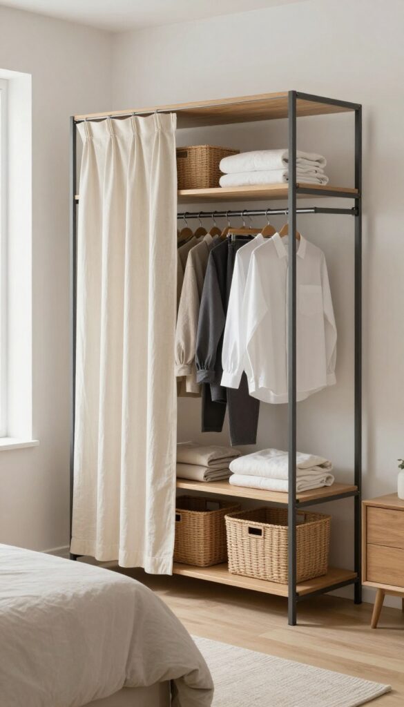 Small bedroom with open closet system hidden behind a cream linen curtain, organized shelves and hanging clothes, minimalist decor, bright natural light.
