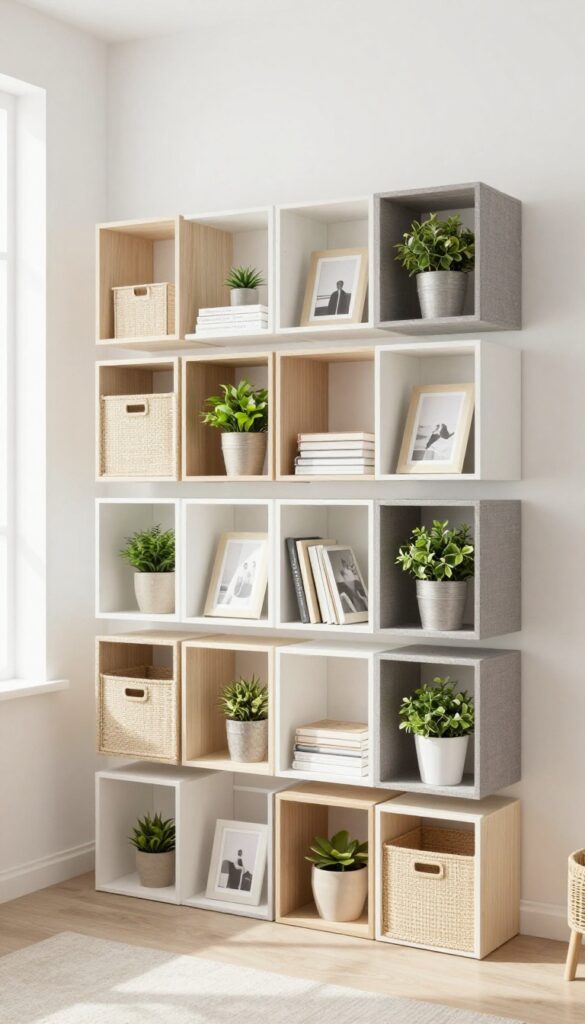 Stackable modular cube shelving in a small bedroom with fabric bins and decorative items, bright natural light, tidy and airy feel.