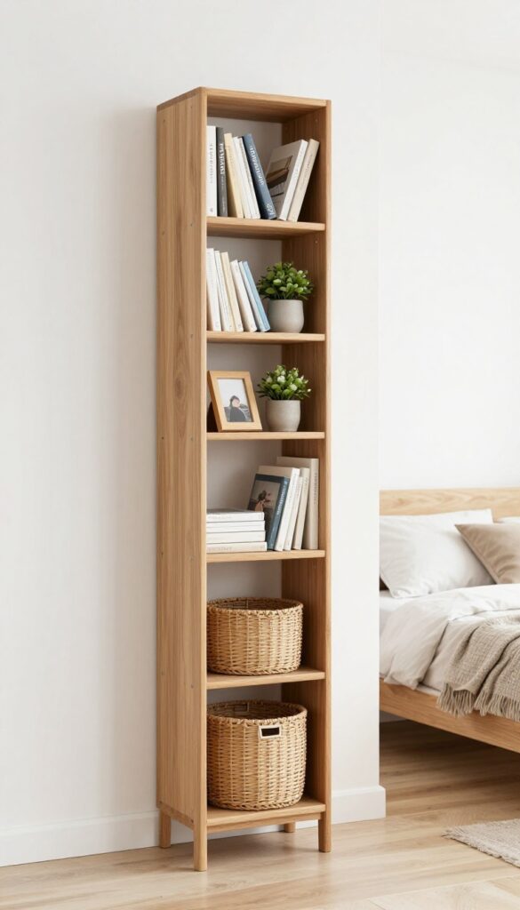 Tall slim bookcase in narrow wall gap beside door, filled with books and decor, bright natural light
