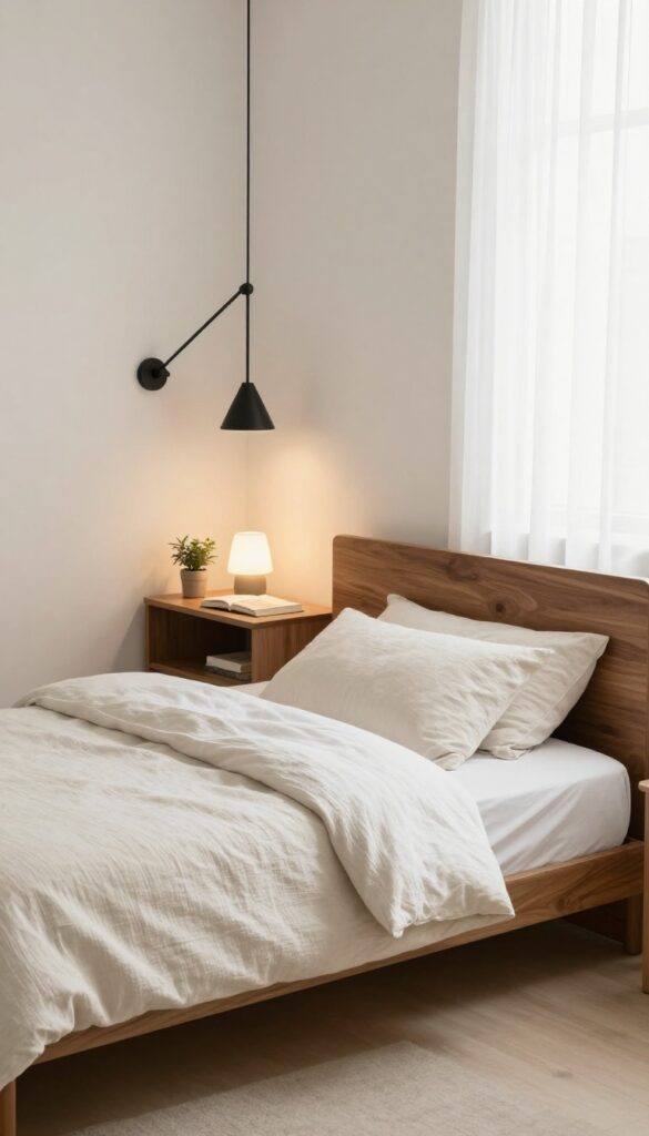 Cozy small bedroom with wall-mounted nightstand shelf, low platform bed, and warm walnut finish.