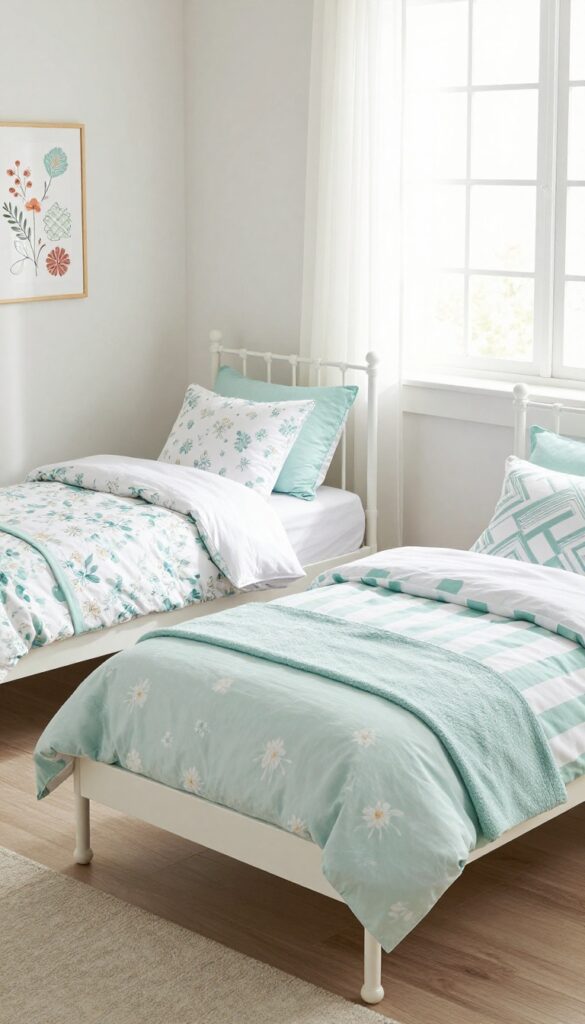 Two twin beds with matching white frames, one with floral bedding and one with geometric stripe bedding in soft mint and white, in a bright bedroom.