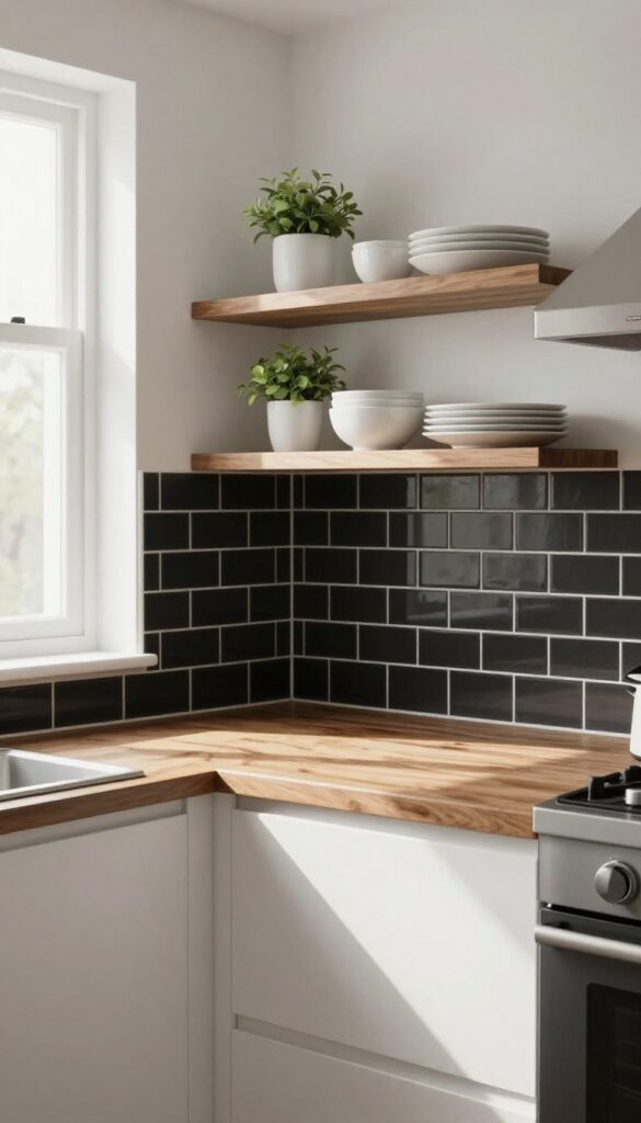 Black and white herringbone backsplash with warm wood countertops and open shelving in a bright kitchen