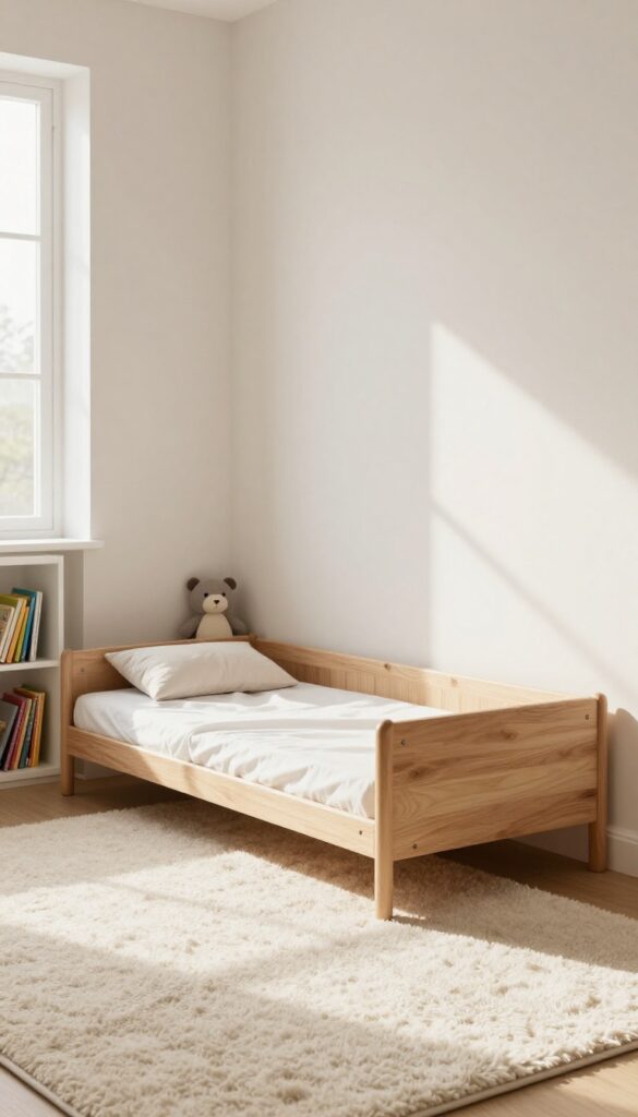 Low-profile toddler bed with soft rug and small bookshelf in bright baby boy bedroom.