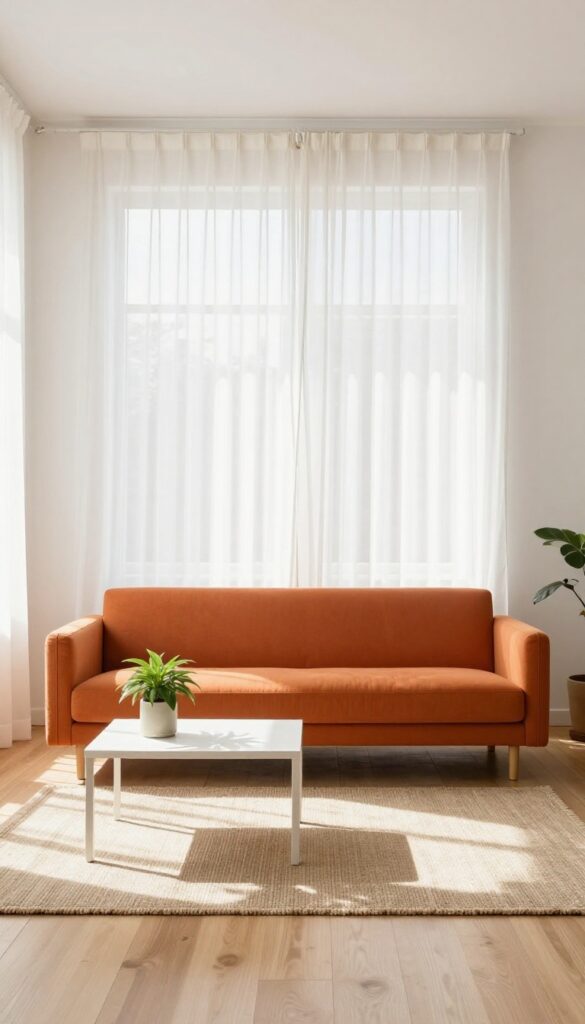 Orange sofa in a light, airy living room with white walls and sheer curtains