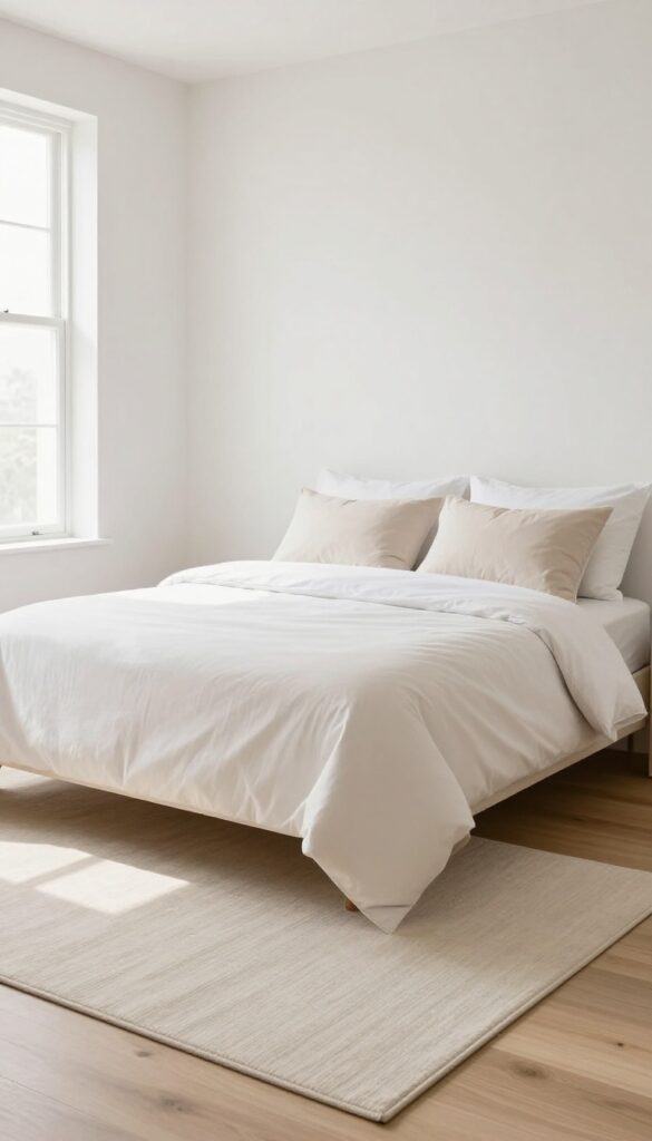 A bright small bedroom with a large ivory rug extending beyond the sides of a queen bed, anchoring the space on hardwood floor.