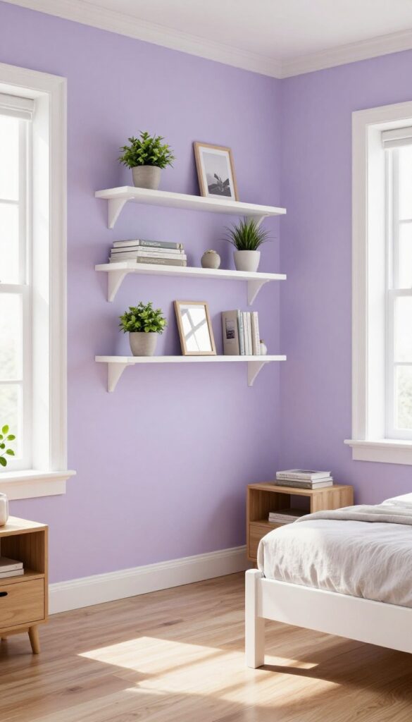Small bedroom with lavender walls, white trim, and corner shelves displaying plants and books, creating an airy and open feel.