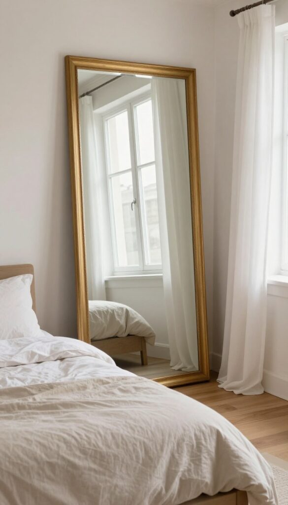 Small bedroom with a large mirror reflecting window light to make the room feel brighter and larger.