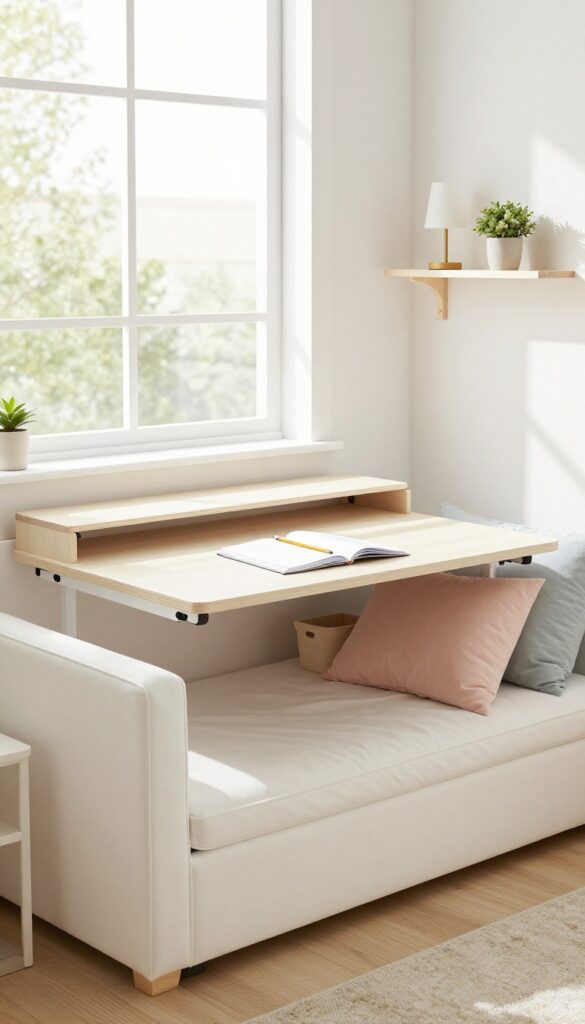 Window seat with pull-out desk in a teen's bedroom, featuring hidden storage and a cozy reading nook.