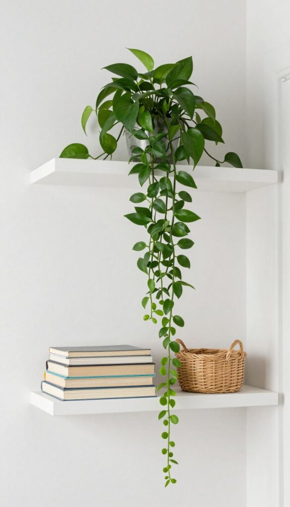 Small bedroom with white floating shelf above door, decorated with pothos plant, books, and woven basket.