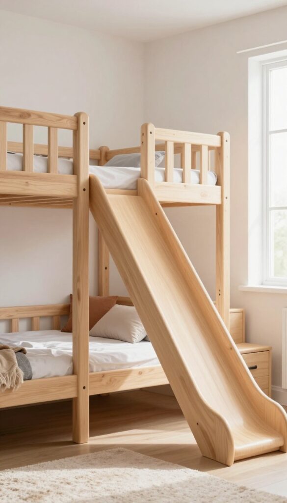 Bunk bed with slide and storage steps in a bright kids' bedroom