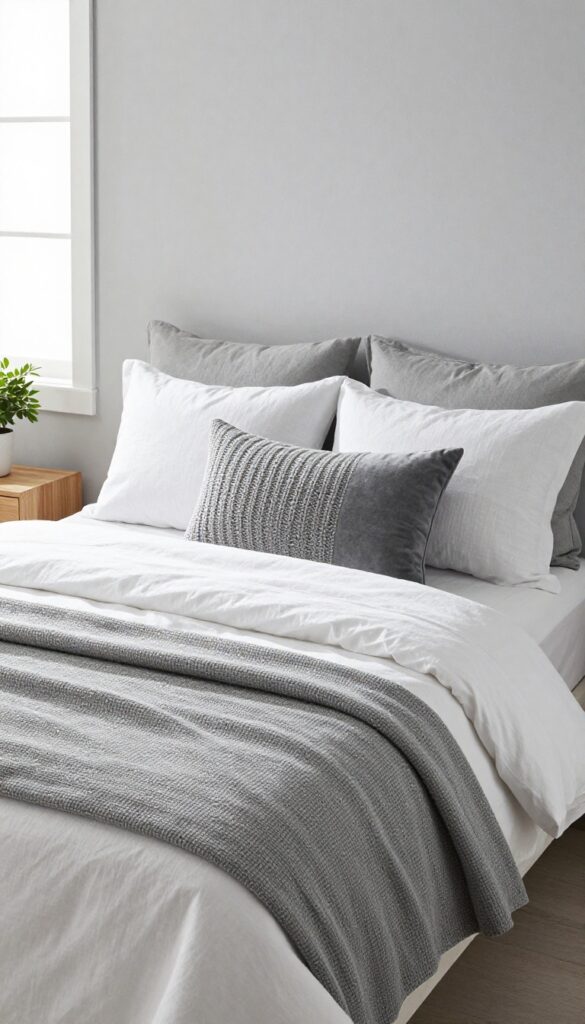 Grey bedroom bed with layered textured throw pillows in knit, velvet, and linen