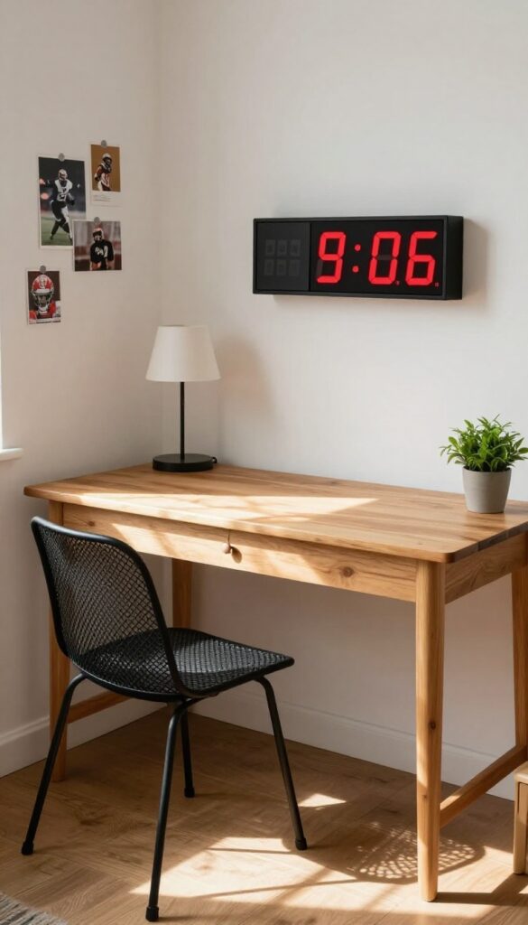 A wooden desk with a scoreboard clock mounted above it in a boy's bedroom