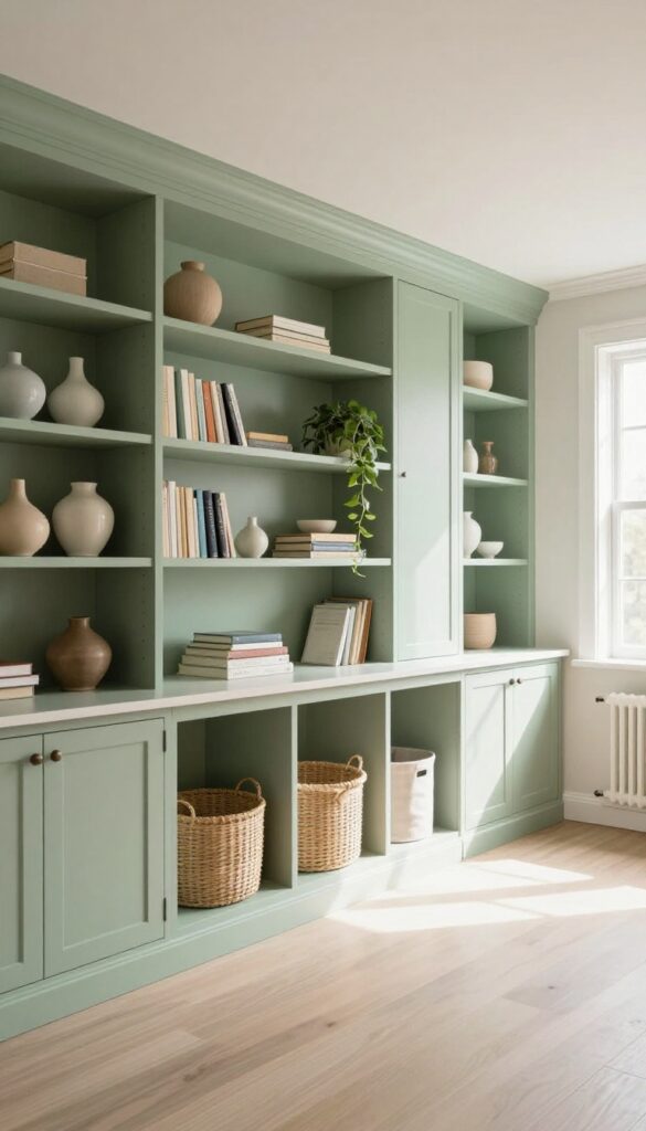Living room with floor-to-ceiling sage green built-in cabinets, open shelves with decor, and woven baskets on lower shelves.