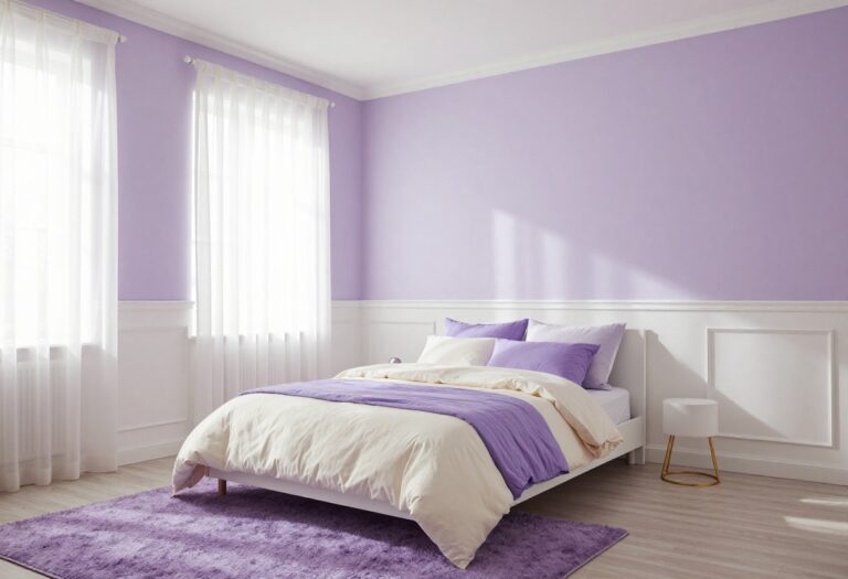 Purple girls bedroom with lavender wall, white wainscoting, and layered bedding