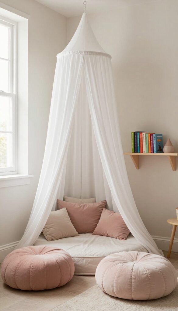 Cozy reading nook with floor cushions and canopy in a luxury kids bedroom