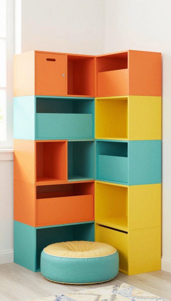 Colorful modular storage cubes stacked in a small boy's bedroom with a cushion on top, creating extra seating and storage.