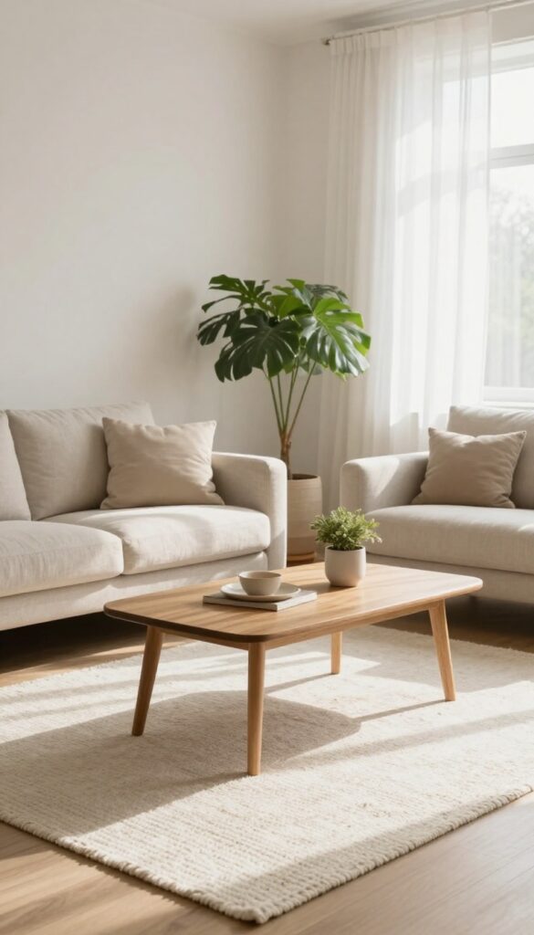 Light and airy living room with a natural white cotton flatweave rug, linen sofa, and wooden coffee table, bathed in sunlight.