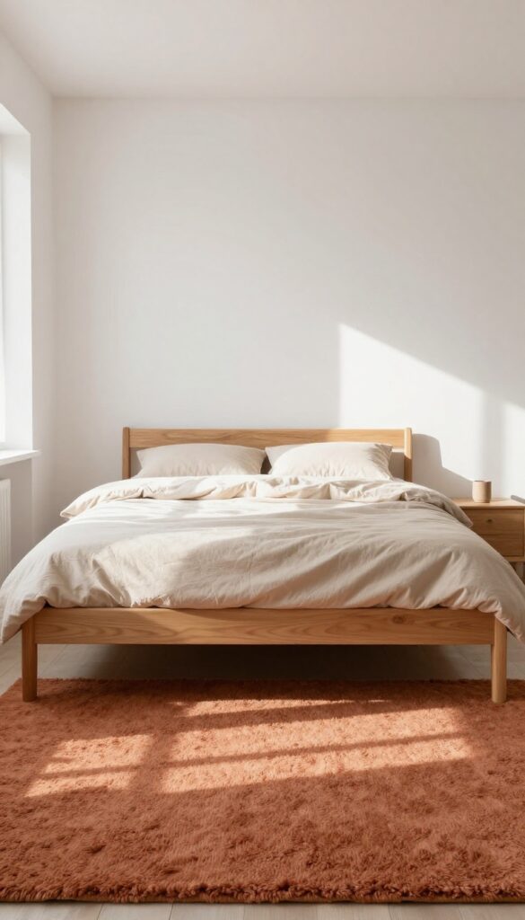 Cozy small bedroom with a terracotta rug defining the bed area