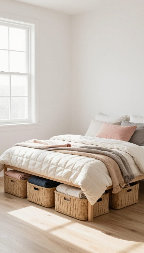 Under-bed storage with woven seagrass bins in a modern teen girl's bedroom