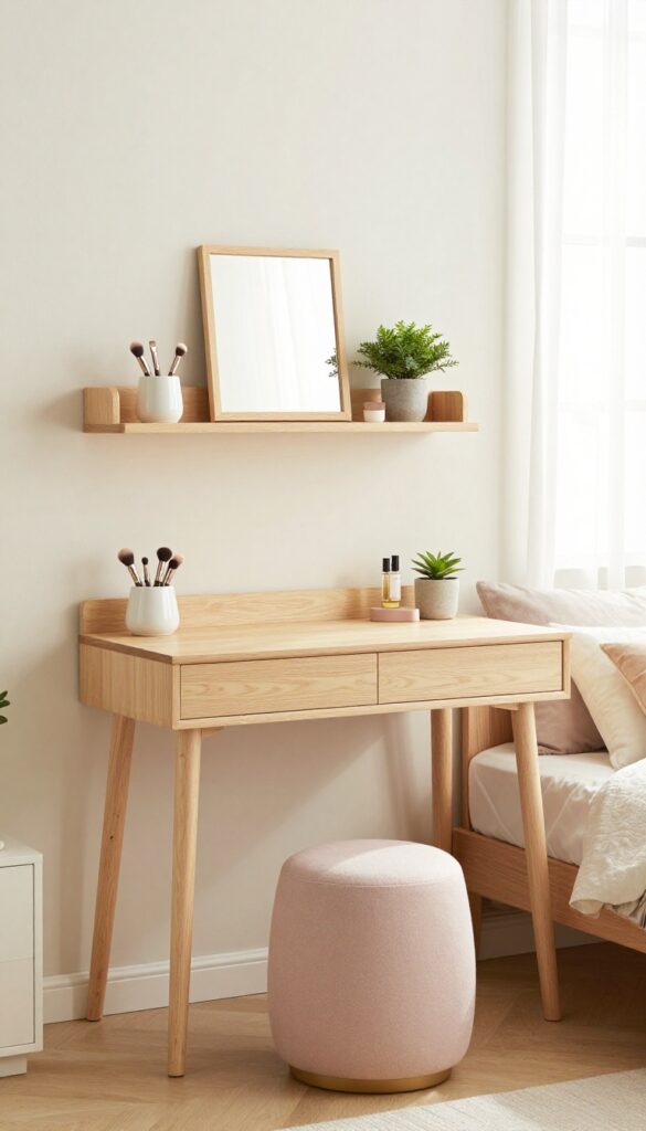 Cozy small bedroom with a wall-mounted desk doubling as a vanity, featuring a mirror, caddy, and stool, bright natural light.