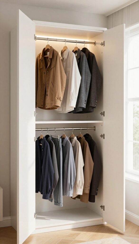 Double-hang rails in a small bedroom wardrobe maximizing vertical storage with shirts and jackets on slim velvet hangers and LED lighting.