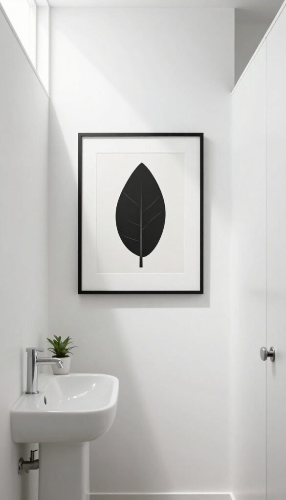 Bright powder room with single framed artwork on wall, minimalist decor, natural light