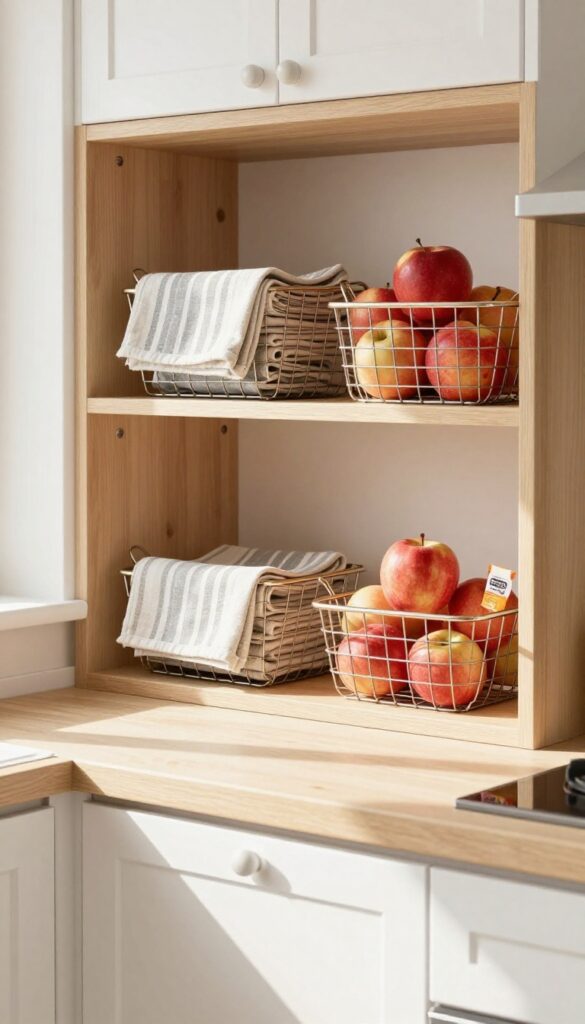 Under-shelf wire baskets holding tea towels and apples in a bright kitchen with white cabinets and open shelving.