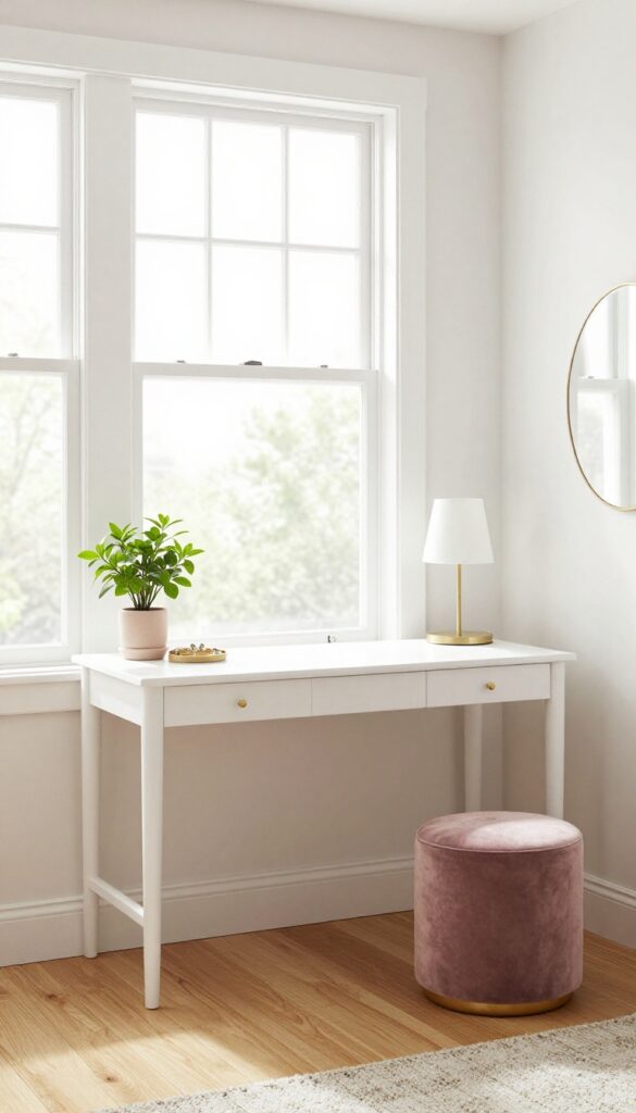 Teenage girl's bedroom with a window desk and a side vanity, bright natural light, clean and airy.
