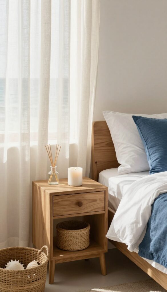 Beach bedroom nightstand with scented candle and diffuser, coastal decor