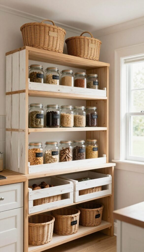 Open shelving in a kitchen filled with woven baskets and crates, clear glass jars, and chalkboard labels, bathed in natural light.