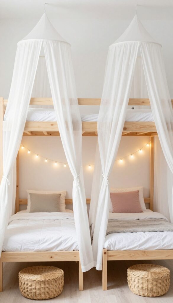 Twin girls' bedroom with trundle beds, one with a white linen canopy and the other with string lights, bright natural light.