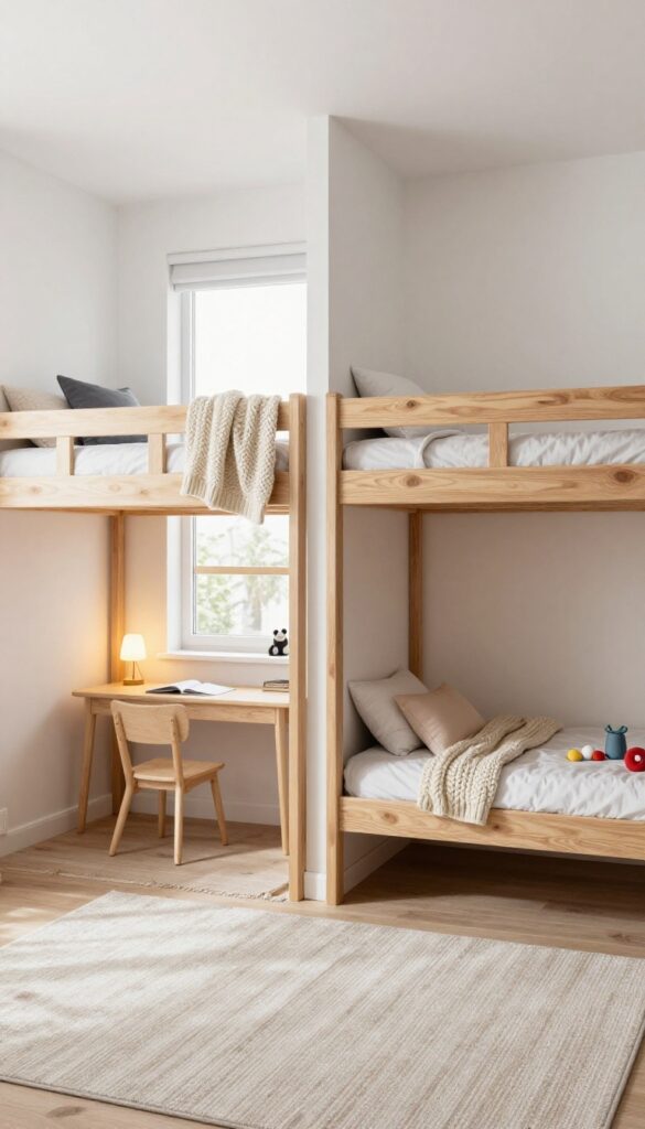 Two loft beds in a shared kids' bedroom with separate play and study zones underneath, creating a cozy and spacious feel.