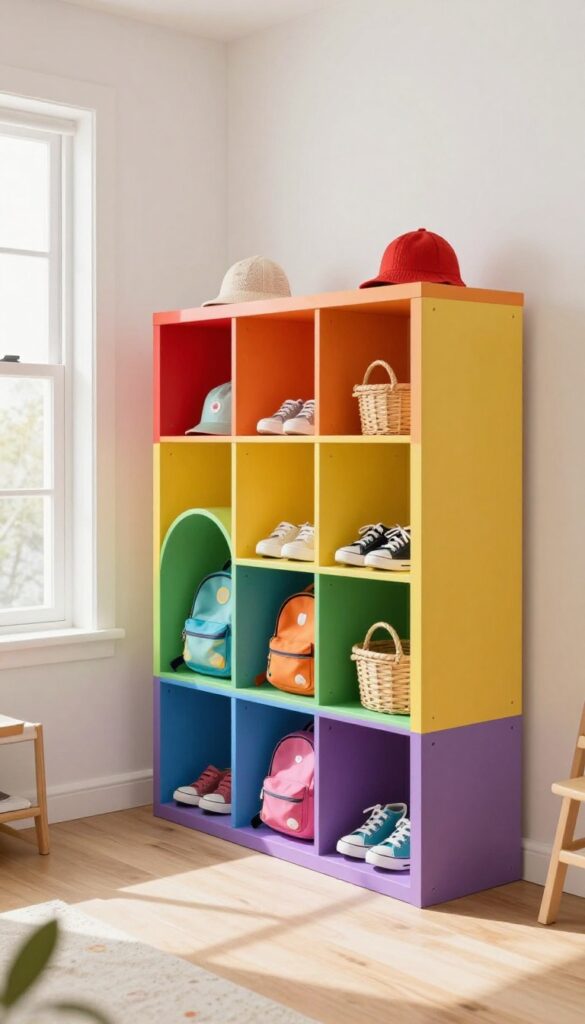 Colorful cubby unit in a kids' bedroom with backpacks, shoes, and hats organized in rainbow-colored compartments.