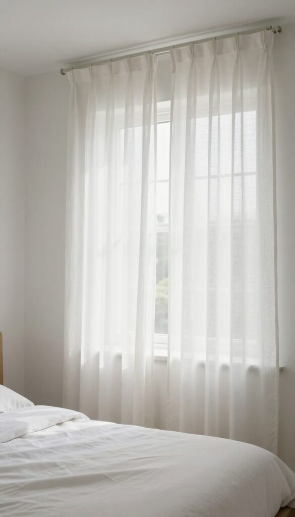 Small bedroom with curtains hung high and wide to make the room feel larger