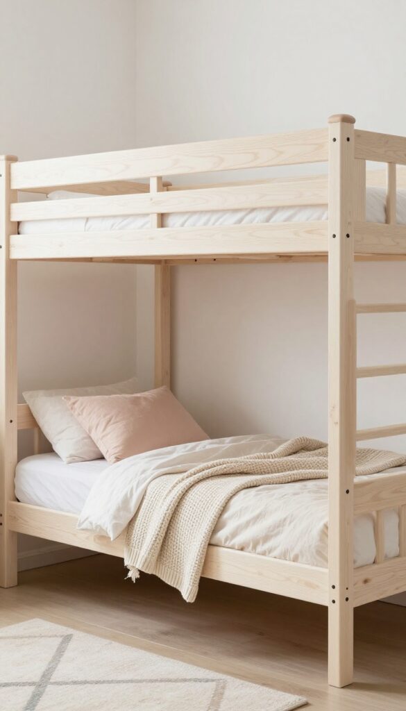 Whitewashed wood bunk bed in a bright, airy bedroom with pastel bedding and natural light