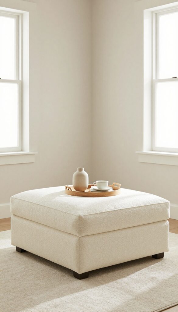 A cream bouclé storage ottoman with a wooden tray holding a lamp and book in a bright nursery-guest room