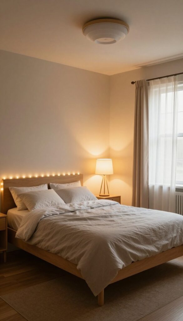 Boy's bedroom with warm layered lighting from ceiling light, table lamp, floor lamp, and string lights
