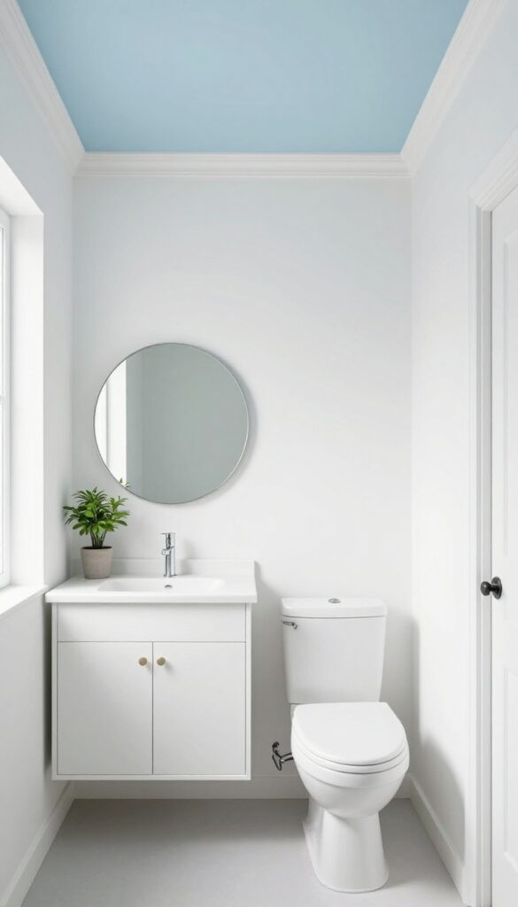 Small guest bathroom with pale blue ceiling, white walls, and white fixtures, bright natural light.