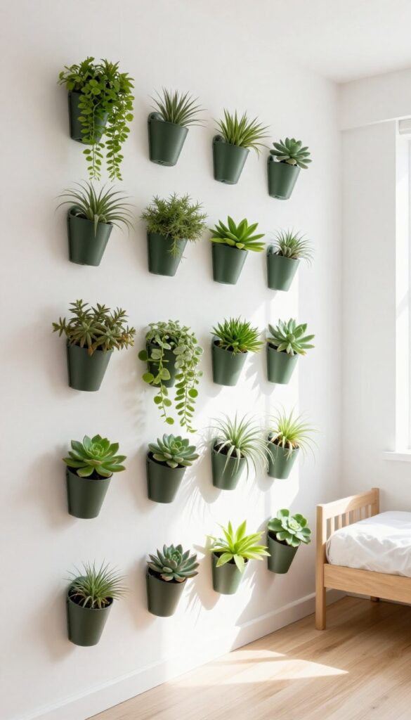 Vertical garden in a kids bedroom with succulents and pothos in wall planters, natural light, minimal decor