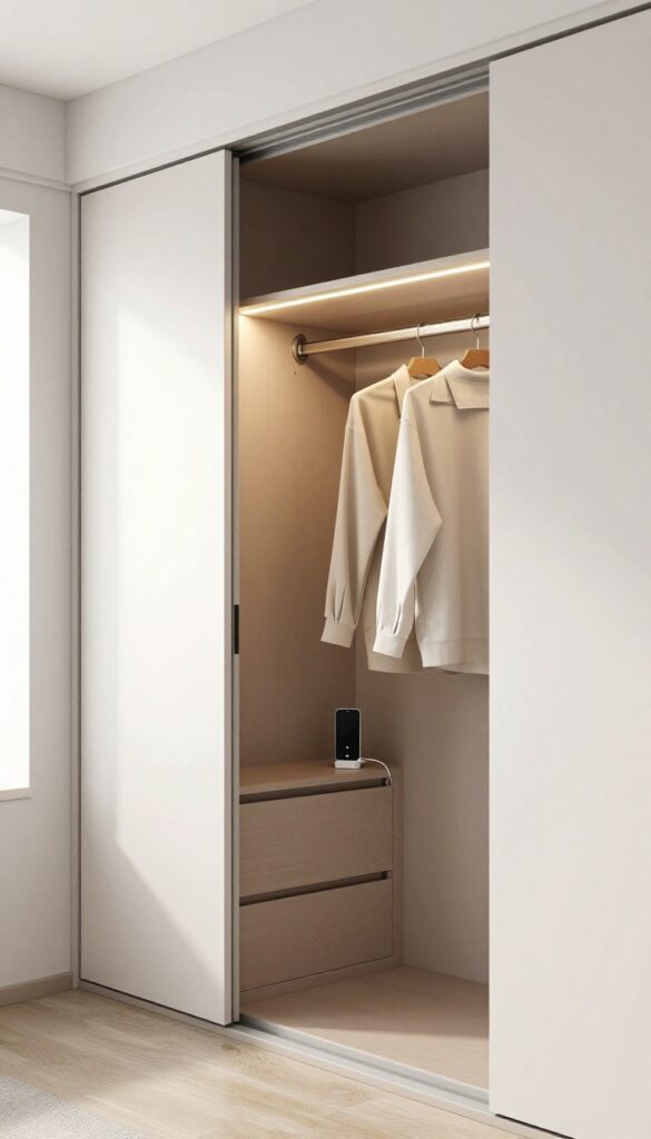 Closet rod with integrated LED lighting and USB charging ports, illuminating clothes and charging a smartphone