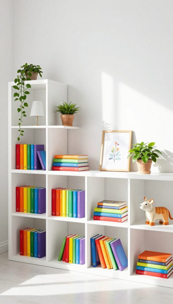A rainbow-organized bookshelf in a bright white girl's bedroom, with books arranged by color and small decor items interspersed.