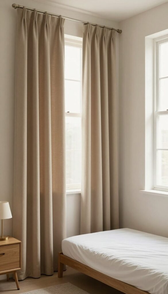 Small guest bedroom with oatmeal blackout curtains mounted high and wide, creating a cozy, hotel-like atmosphere for better sleep.