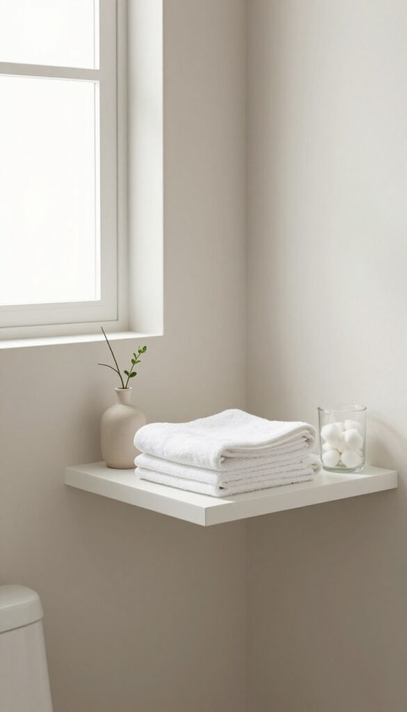 Powder room with open shelving above toilet displaying folded towels, a vase with a stem, and a jar of cotton balls.