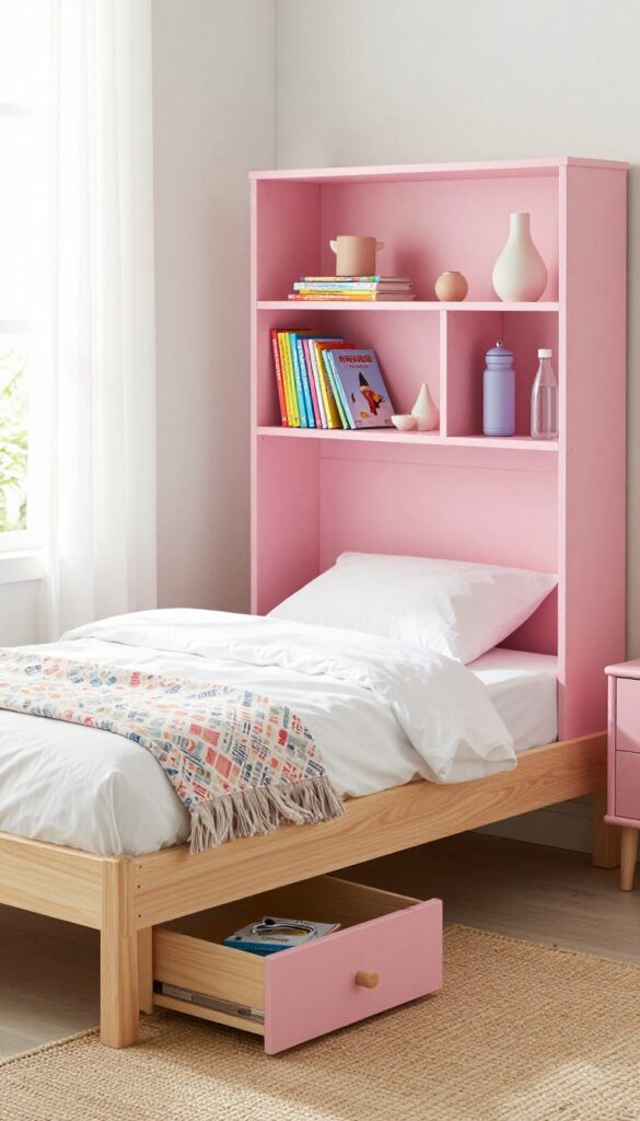 Girls bedroom with blush pink bookshelf headboard bed, books and lamp on shelves, natural light