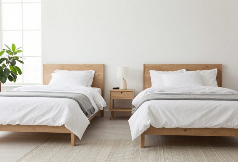 Guest room with two twin beds, matching headboards, and neutral decor