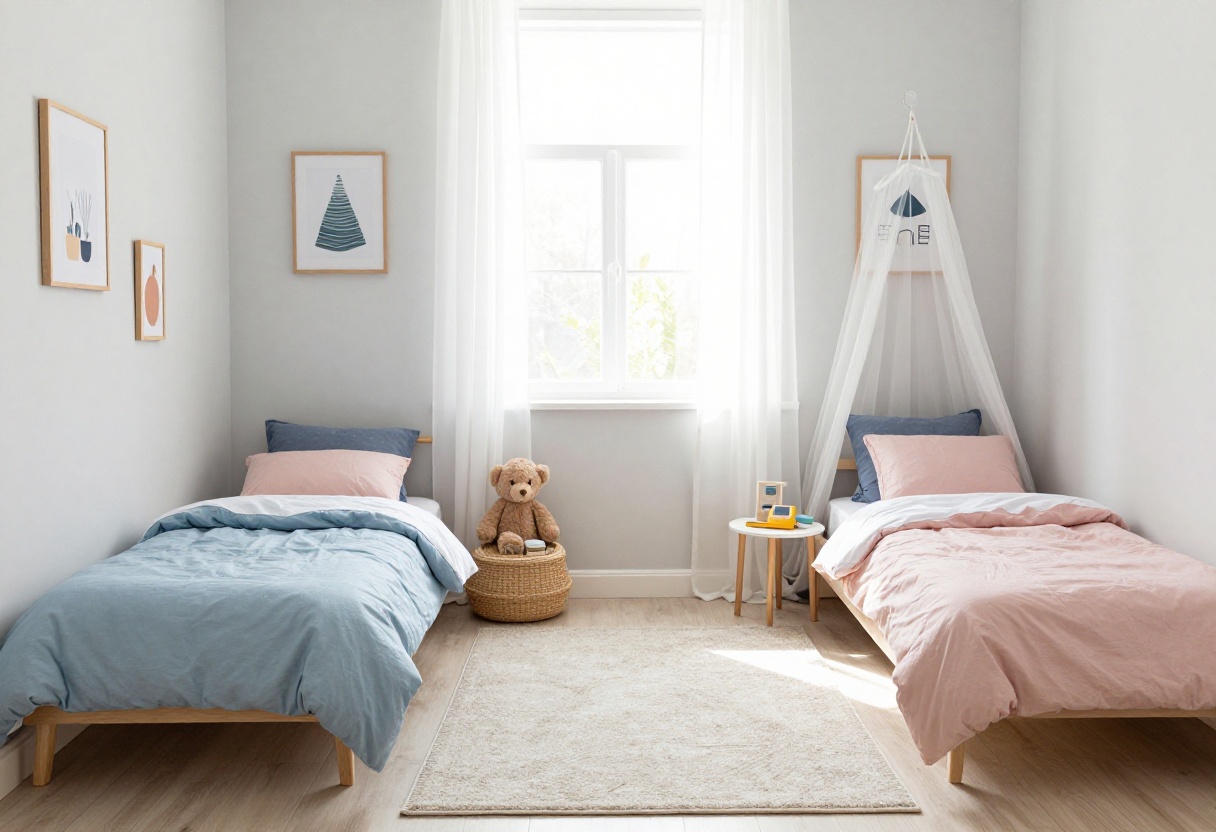 Cozy shared bedroom for a boy and girl with twin beds, neutral decor, and personal touches