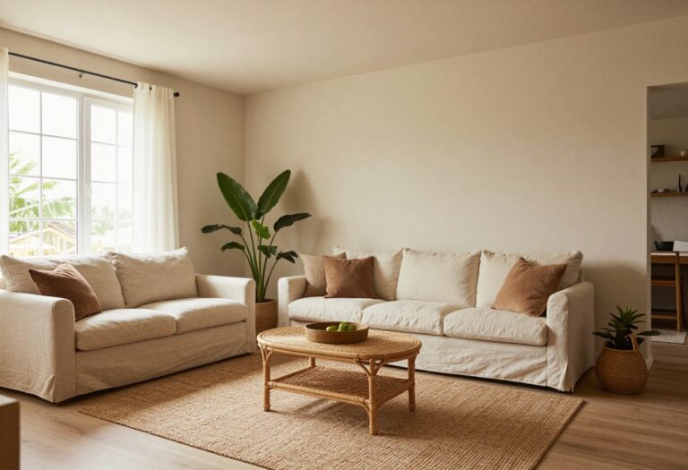 Small boho living room with light beige walls, cream sofa, jute rug, and plants