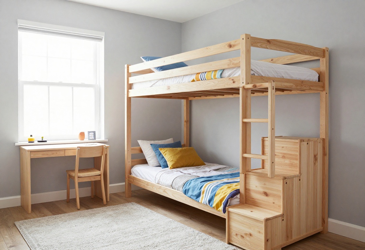 Boys bunk bed bedroom with built-in storage stairs and desk